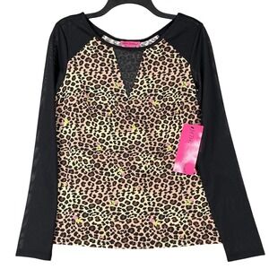 Betsey Johnson Black Long Sleeve Leopard Print Top with Pink Accents